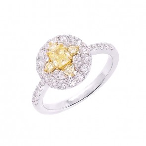 Anel em Ouro 18k Chuveiro Redondo Bicolor com 1 Diamante Fancy Yellow e 34 Diamantes 