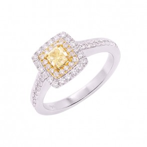 Anel em Ouro 18k Chuveiro Quadrado Bicolor com 1 Diamante Fancy Yellow e 52 Diamantes 