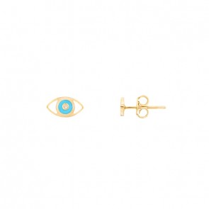 Brinco em Ouro 18k Olho Grego com Cerâmica Azul Claro e 2 Brilhantes
