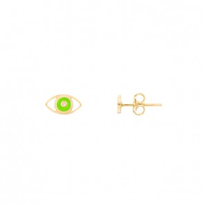 Brinco em Ouro 18k Olho Grego com Cerâmica Verde Neon e 2 Brilhantes