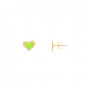 Brinco em Ouro 18k Coração com Cerâmica Verde Claro e 28 Brilhantes