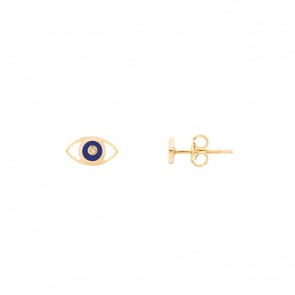 Brinco em Ouro 18k Olho Grego com Cerâmica Azul e 2 Brilhantes