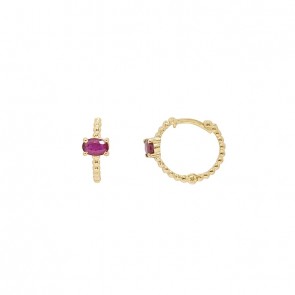 Brinco em Ouro 18k Argola Bolinhas Polidas com 2 Rubis Ovais 5x3mm	