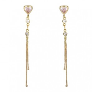 Brinco em Ouro 18k Coração com 2 Zircônias Rosas de 4mm e 4 Zircônias Brancas de 2mm, com Veneziana.