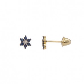 Brinco em Ouro 18k Florzinha com 12 Safiras 2 Brilhantes