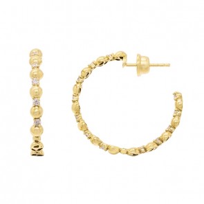 Brinco em Ouro 18k Argola Bolinhas Polidas com Brilhantes - P, M e G