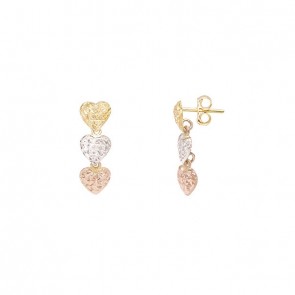 Brinco em Ouro 18k 3 Corações Tricolor Diamantado