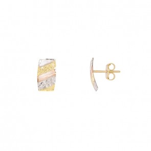 Brinco em Ouro 18k Chapa Faixas Trabalhada Tricolor Diamantado