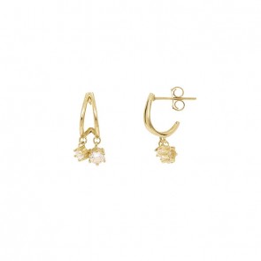 Brinco em Ouro 18k  Argola Fio Duplo Com Pingente Zirconias Brancas