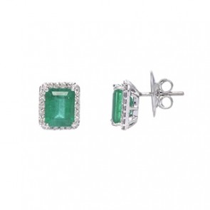 Brinco em Ouro Branco 18k Retangular com 2 Esmeraldas Baguete 6x8 2.80cts com 44 Diamentes 0.22cts