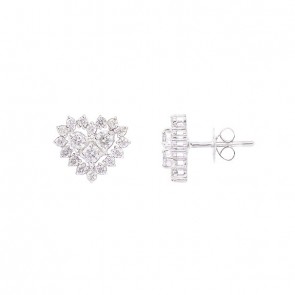 Brinco em Ouro Branco 18k Chuveiro Coração com 38 Diamantes 