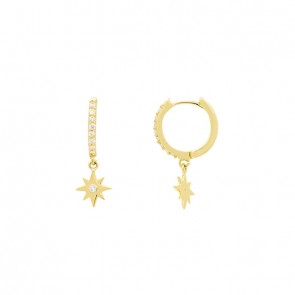 Brinco em Ouro 18k  Argola Pingente Estrela Cravejada com 18 Brilhantes
