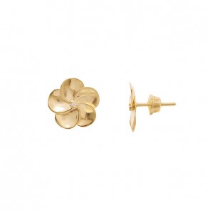 Brinco em Ouro 18k Flor Polida com 2 Brilhantes       