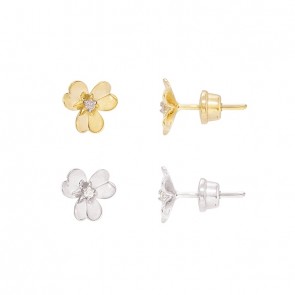 Brinco em Ouro 18k Florzinha Polida com 2 Brilhantes