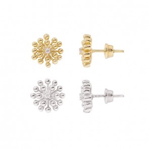 Brinco em Ouro 18k Flor Bolinhas Polidas com 2 Brilhantes