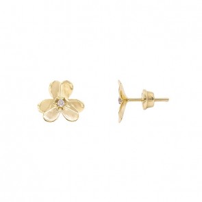 Brinco em Ouro 18k Flor Polida com 2 Brilhantes