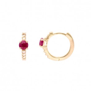 Brinco em Ouro 18k Argola Com 2 Rubis 3mm Com 10 Brilhantes