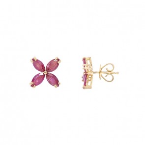 Brinco em Ouro 18k Flor Com 8 Rubis Navete 6x3 2.00cts