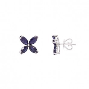 Brinco em Ouro Branco 18k Flor com 8 Safiras Navete 6x3 2.56 Cts