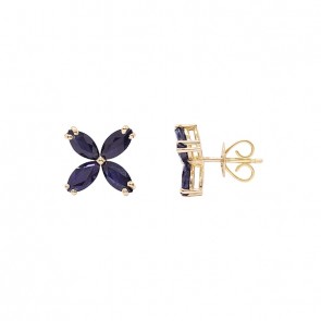 Brinco em Ouro 18k Flor com 8 Safiras Navete 6x3 2.56 Cts