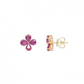 Brinco em Ouro 18k  Flor Com 8 Rubis Gotas 5x4mm 2.80cts