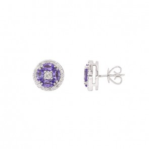 Brinco em Ouro Branco 18k Redondo com 8 Tanzanitas Ovais 5x3mm 1.76Cts com 46 Diamantes 0.62Cts