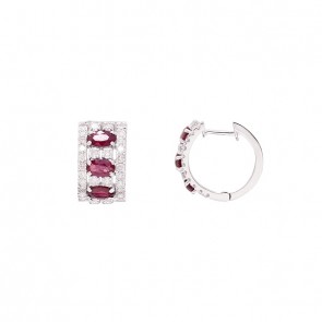 Brinco em Ouro 18k Branco Argola Cravejada Com 60 Brilhantes 1.14cts Com 6 Rubis 5x3mm 1.50cts