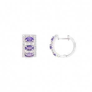 Brinco Em Ouro 18k Branco Argola Cravejada Com 60 Brilhantes 1.14cts Com 6 Tanzanitas 5x3mm 1.50cts