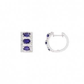 Brinco Em Ouro 18k Branco Argola Cravejada Com 60 Brilhantes 1.14cts Com 6 Safiras 5x3mm 2.10cts