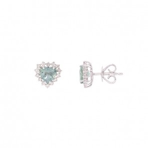 Brinco em Ouro 18k Branco Coração Com 2 Esmeraldas 6mm 1.36cts com 28 Diamantes 0.40cts