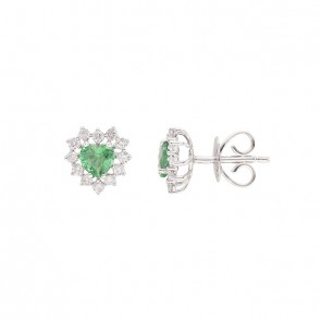 Brinco em Ouro Branco 18k Coração com 2 Esmeraldas 4.50mm 0.64Cts com 24 Diamantes 0.37Cts