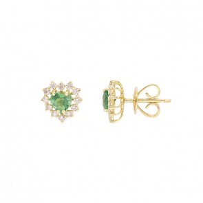 Brinco em Ouro 18k Coração com 2 Esmeraldas 4.50mm 0.64cts com 24 Diamantes 0.37cts