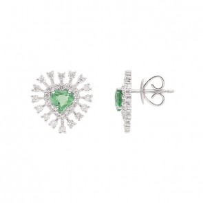 Brinco em Ouro 18k Branco Coração com 2 Esmeraldas 5mm 0.76cts com 60 Diamantes 0.87cts
