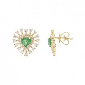 Brinco em Ouro 18k Coração com 2 Esmeraldas 5mm 0.84cts com 60 Diamantes 0.87cts