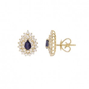 Brinco em Ouro 18k Gota com 2 Safiras 5x3mm 0.52cts com 54 Diamantes 0.80cts