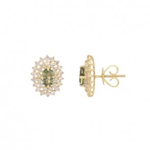 Brinco em Ouro 18k Chuveiro Oval Com 2 Safiras Verdes 6x4mm 1.24cts Com 62 Diamantes  0.89cts