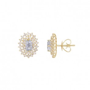 Brinco em Ouro 18k Chuveiro Oval com 2 Água Marinhas 6x4mm 0.88cts com 62 Diamantes 0.89cts