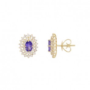 Brinco em Ouro 18k Chuveiro Oval Com 2 Tanzanitas  6x4mm 0.98cts com 62 Diamantes 0.89cts