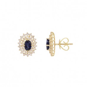 Brinco em Ouro 18k Chuveiro Oval com 2 Safiras 6x4mm 1.32cts com 62 Diamantes 0.89cts