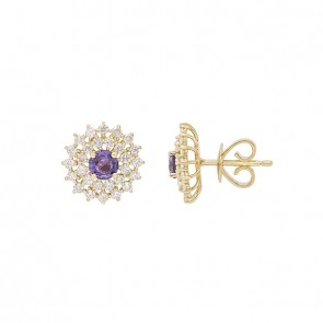 Brinco em Ouro 18k Chuveiro Redondo com 2 Safiras Roxas 4mm 0.66cts com 56 Diamantes 0.83cts