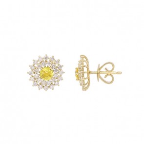 Brinco Em Ouro 18k Chuveiro Redondo Com 2 Safiras Amarelas 4mm 0.70cts Com 56 Diamantes  0.83cts