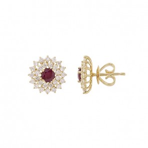 Brinco em Ouro 18k Chuveiro Redondo Com 2 Rubis 4mm 0.64cts Com 56 Diamantes 0.83cts