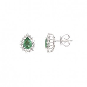 Brinco em Ouro 18k Branco Gota com 2 Esmeraldas 7x5mm 0.98cts com 30 Diamantes 0.42cts