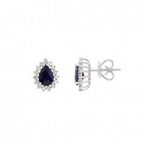 Brinco em Ouro 18k Branco Gota com 2 Safiras 7x5mm 1.90cts com 30 Diamantes 0.42cts