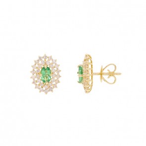 Brinco em Ouro 18k Chuveiro Oval com 2 Esmeraldas 6x4mm 0.80cts com 62 Diamantes 0.90cts