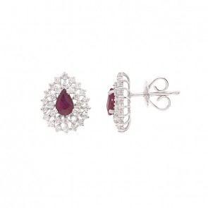 Brinco em Ouro 18k Branco Gota Com 2 Rubis 6x4mm 0.88cts Com 60 Diamantes 0.85cts