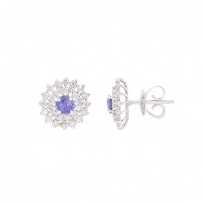 Brinco em Ouro 18k Branco Chuveiro Redondo Com 2 Safiras 4mm 0.76cts Com 56 Diamantes  0.87cts
