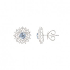 Brinco em Ouro 18k Branco Chuveiro Redondo Com 2 Água Marinhas 4mm 0.50cts Com 56 Diamantes  0.87cts