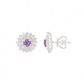 Brinco em Ouro 18k Branco Chuveiro Redondo com 2 Safiras Roxas 4mm 0.66cts com 56 Diamantes 0.87cts