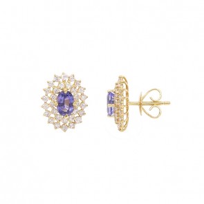 Brinco em Ouro 18k Chuveiro Oval com 2 Safiras 6x4mm 1.32cts com 62 Diamantes 0.89cts